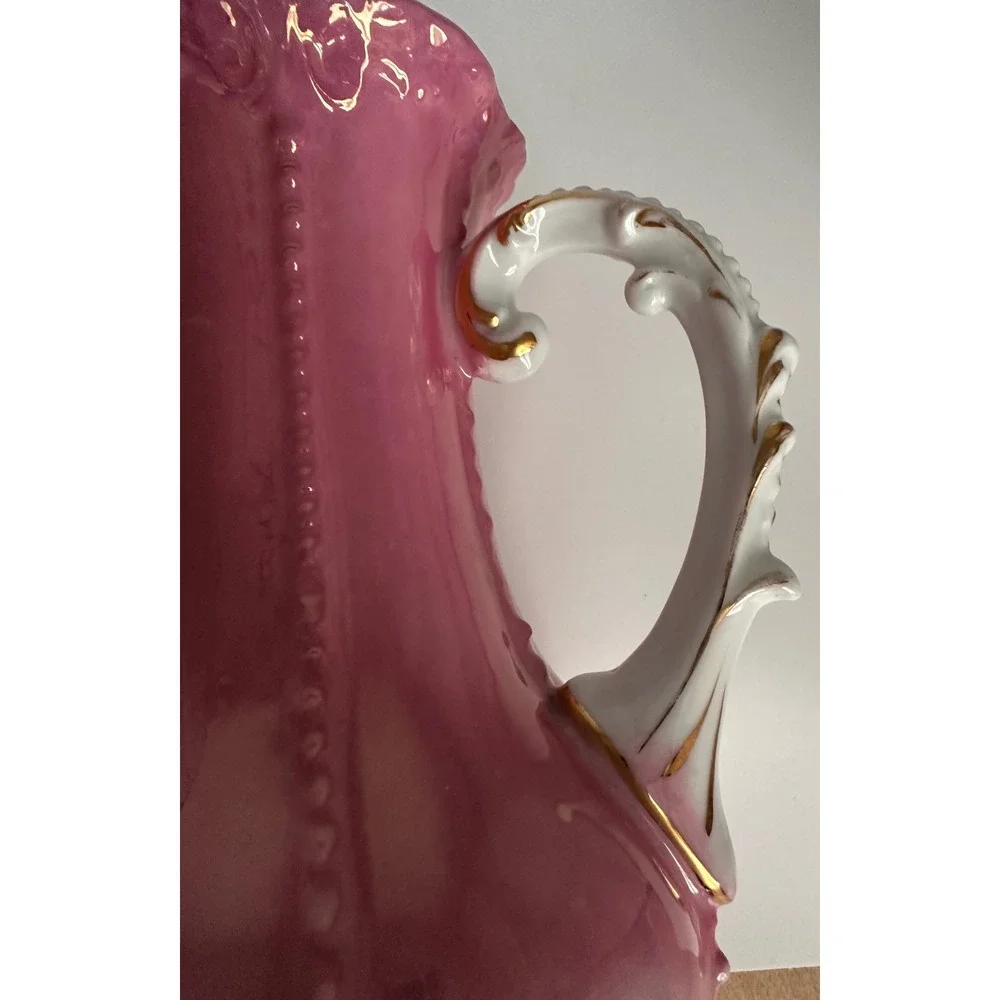 VTG Pink Ombre Porcelain Pitcher Gold Gilded Ornate Handle Mold 6975‎ Victorian